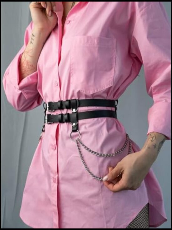Punk Goth Chain Waist Harness Belt Adjustable Double-Layer PU Leather Statement main image 7